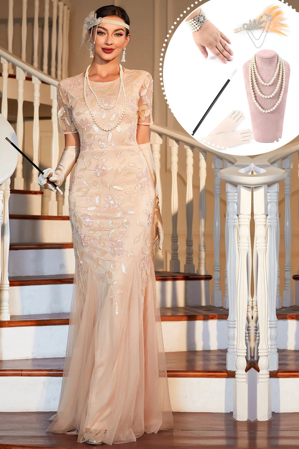 Sparkly Blush Sequined Long 1920s Flapper Dress with 20s Accessories sold by Zapaka