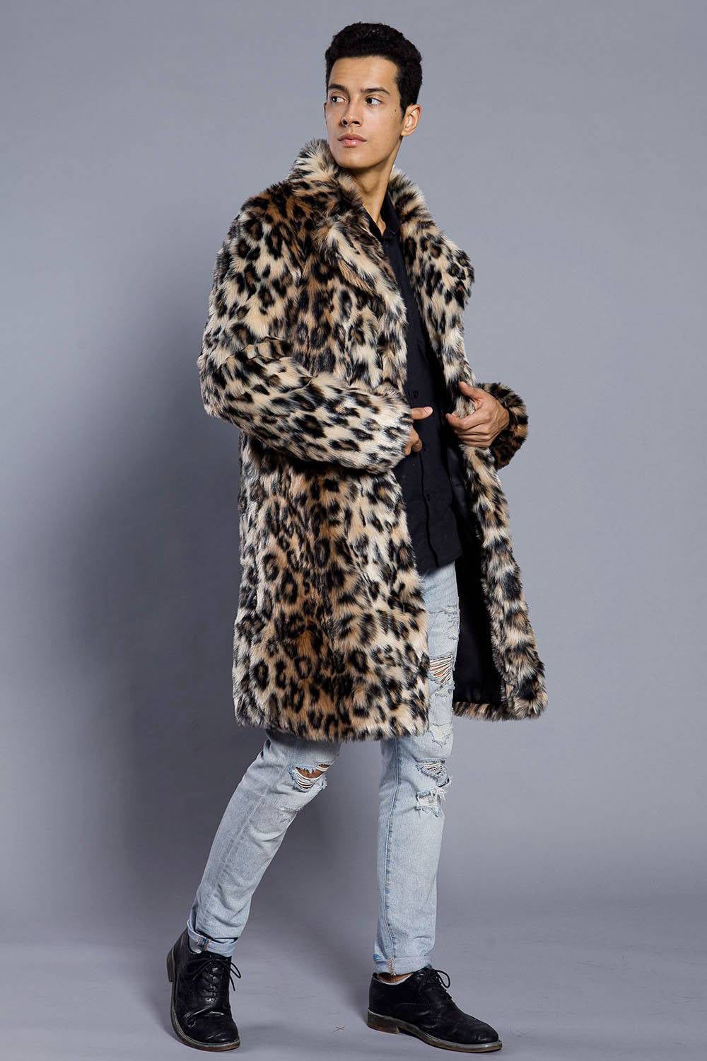 Brown Leopard Printed Lapel Neck Long Faux Fur Men Coat sold by Zapaka product image thumbnail 5