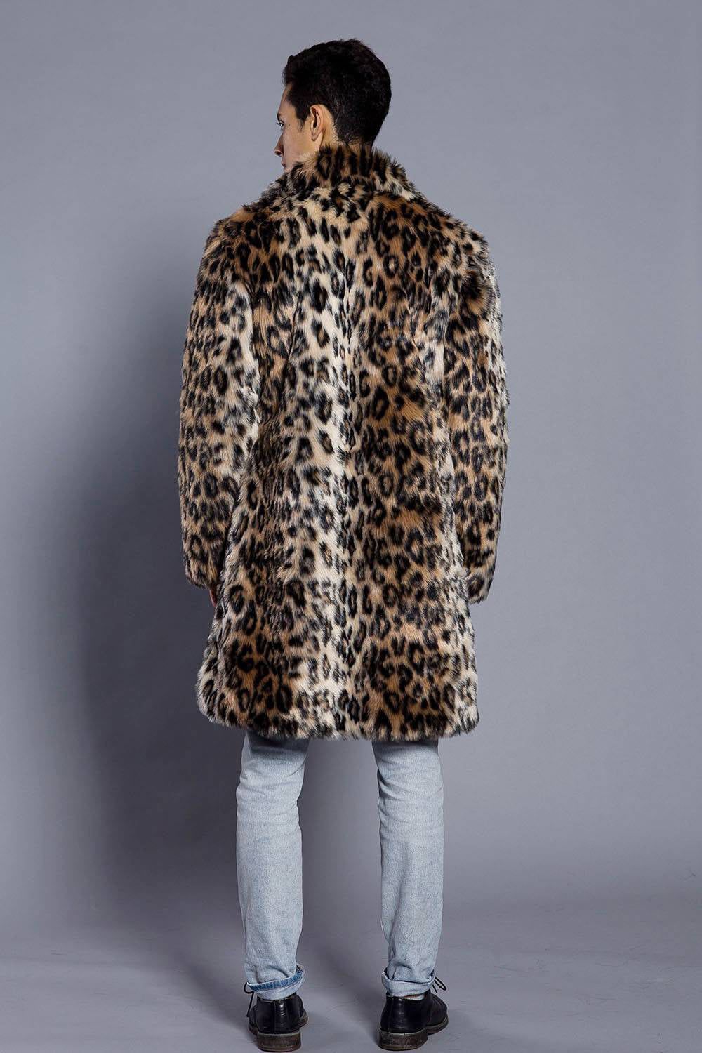 Brown Leopard Printed Lapel Neck Long Faux Fur Men Coat sold by Zapaka product image thumbnail 2