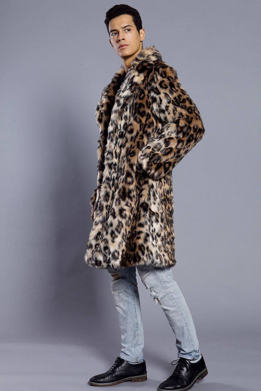 Brown Leopard Printed Lapel Neck Long Faux Fur Men Coat sold by Zapaka product image thumbnail 3