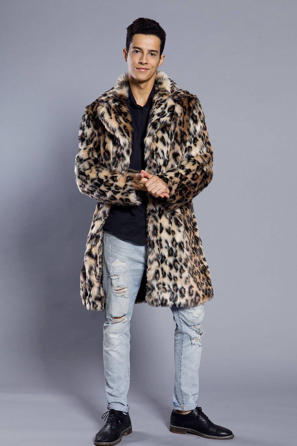 Brown Leopard Printed Lapel Neck Long Faux Fur Men Coat sold by Zapaka product image thumbnail 4