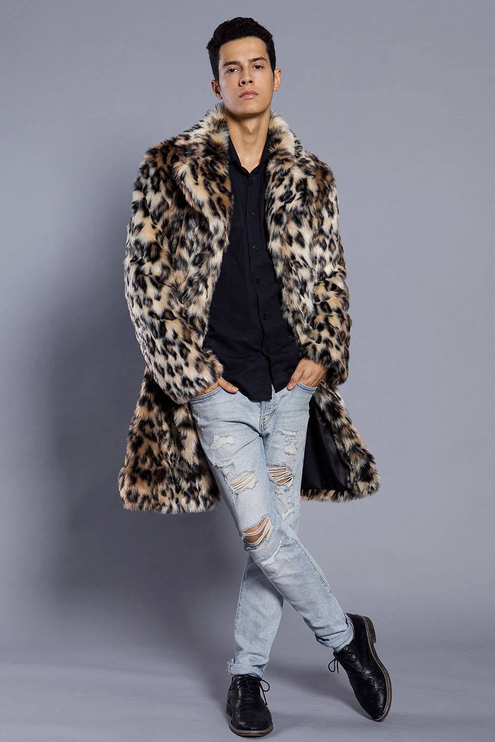 Brown Leopard Printed Lapel Neck Long Faux Fur Men Coat sold by Zapaka