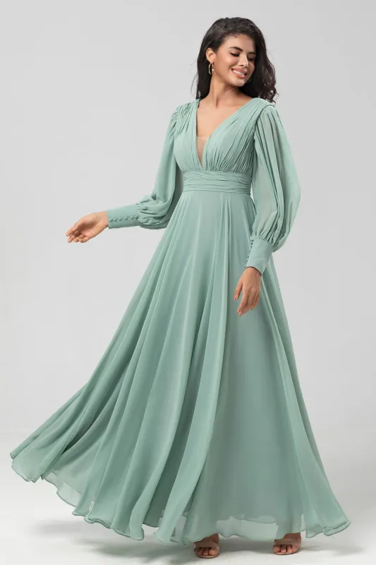 Detachable Long Sleeves Chiffon Green Bridesmaid Dress with Pleated sold by Zapaka
