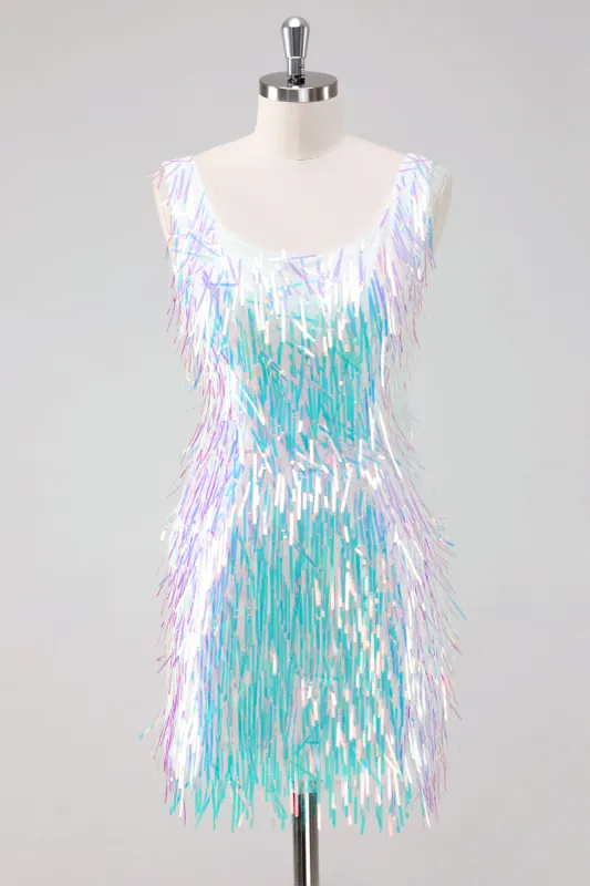 Sparkly White Scoop Neck Tight Short Homecoming Dress with Tassels sold by Zapaka