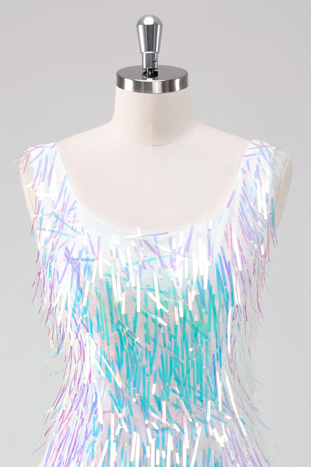 Sparkly White Scoop Neck Tight Short Homecoming Dress with Tassels sold by Zapaka product image thumbnail 4