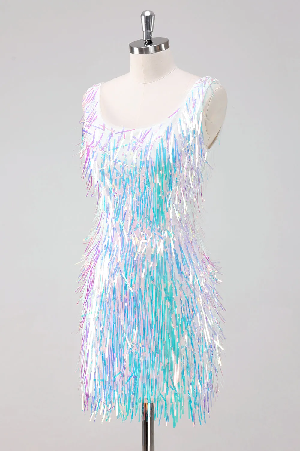 Sparkly White Scoop Neck Tight Short Homecoming Dress with Tassels sold by Zapaka product image thumbnail 3