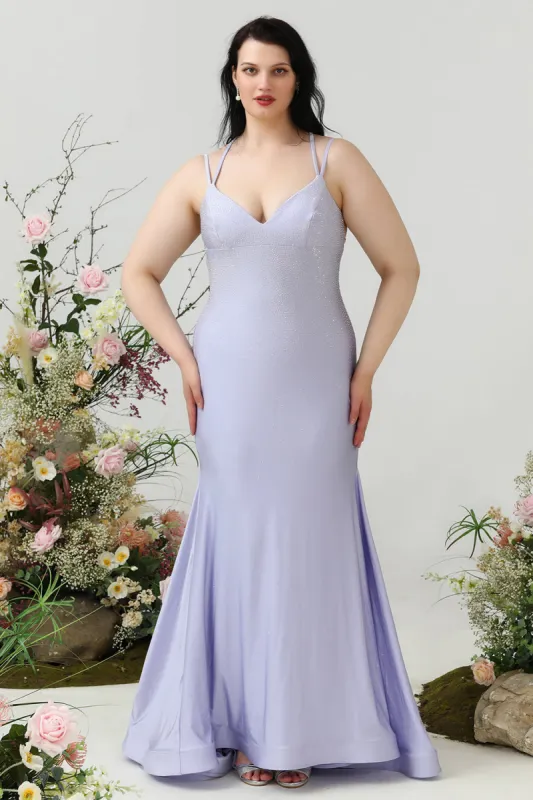 Mermaid Spaghetti Straps Lilac Plus Size Prom Dress with Criss Cross Back sold by Zapaka