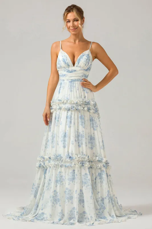 White Blue Flower A Line Long Tulle Bridesmaid Dress with Ruffles sold by Zapaka
