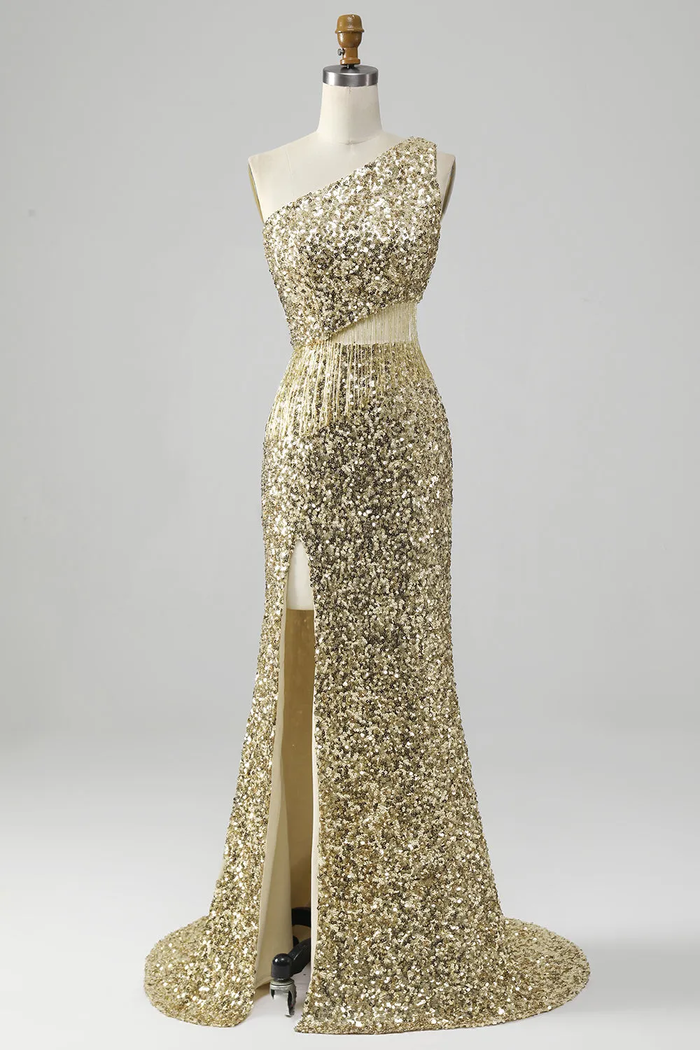 Golden One Shoulder Fringe Sequin Prom Dress With Slit sold by Zapaka