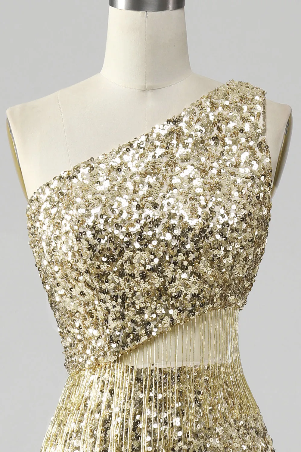 Golden One Shoulder Fringe Sequin Prom Dress With Slit sold by Zapaka product image thumbnail 4