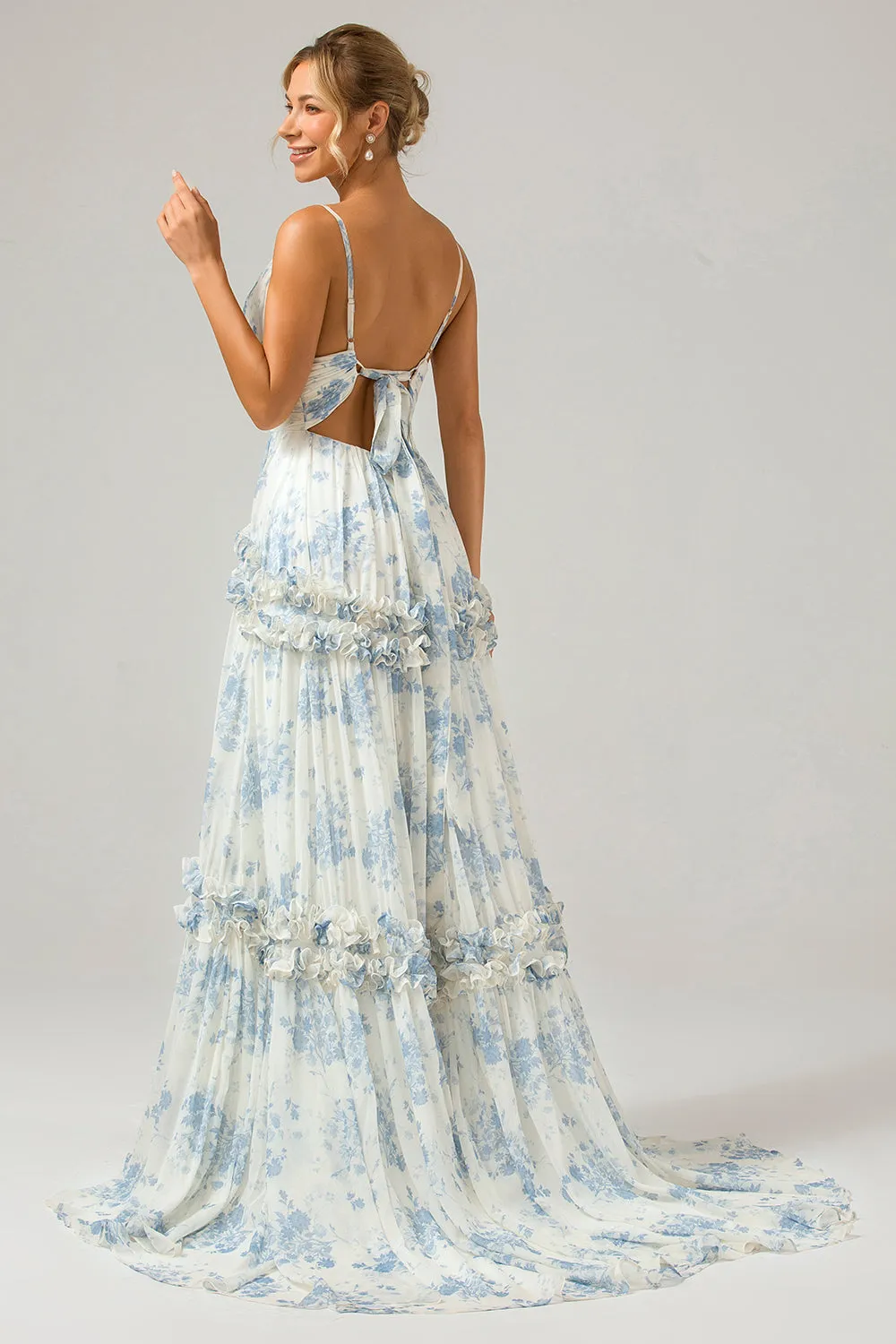 White Blue Flower A Line Long Tulle Bridesmaid Dress with Ruffles sold by Zapaka product image thumbnail 2