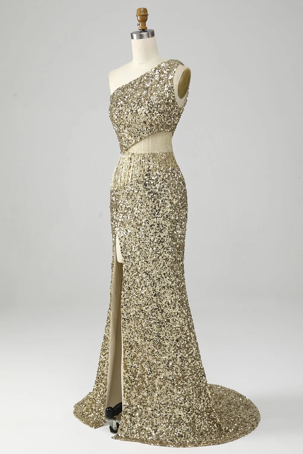 Golden One Shoulder Fringe Sequin Prom Dress With Slit sold by Zapaka product image thumbnail 3