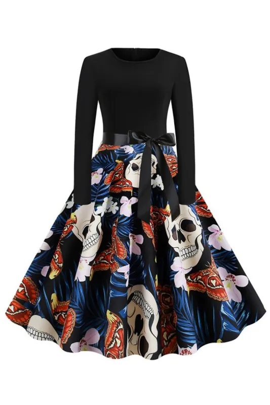 Halloween Skull Printed Blue Vintage Dress sold by Zapaka