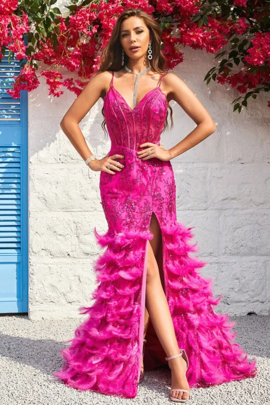 Mermaid Spaghetti Straps Fuchsia Long Prom Dress with Feathers sold by Zapaka