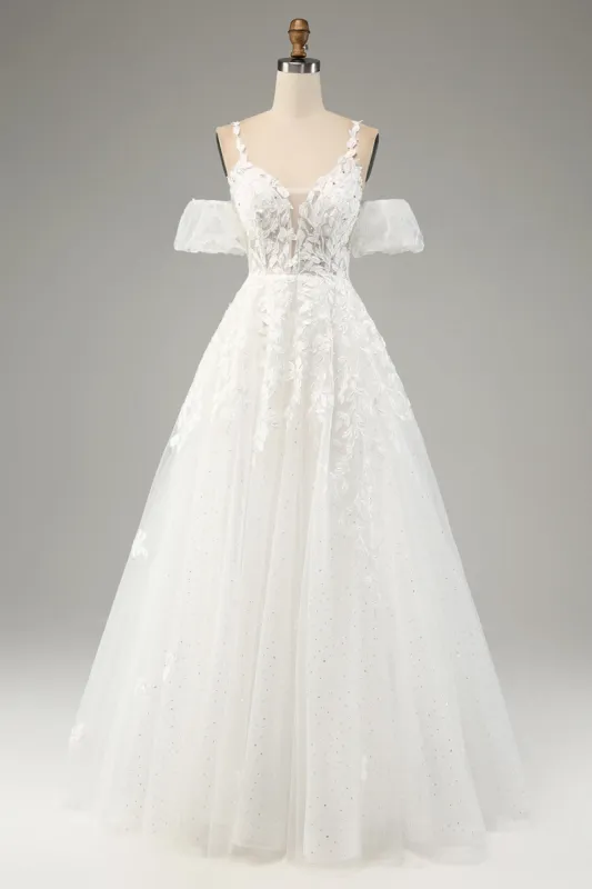 Ivory A-Line Tulle Spaghetti Straps Wedding Dress with Appliques sold by Zapaka