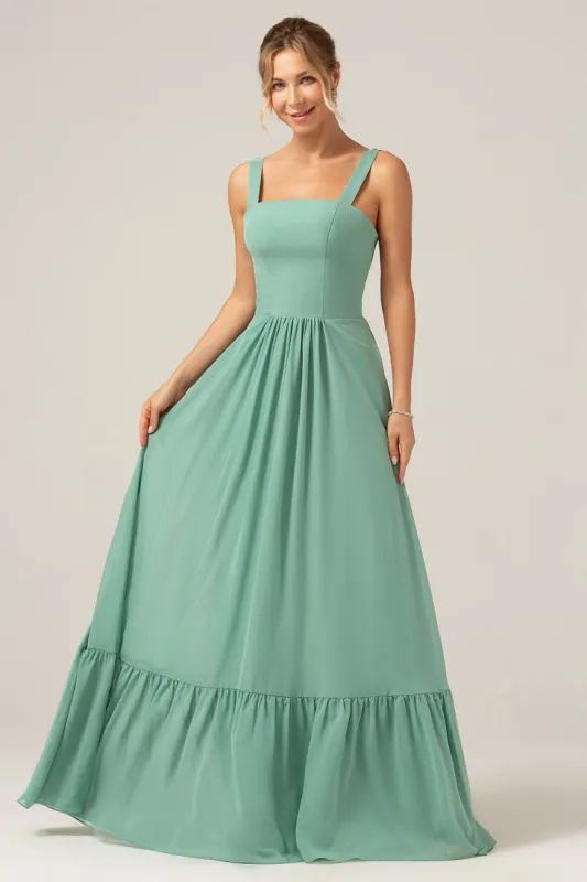 A Line Eucalyptus Chiffon Long Bridesmaid Dress with Pleated sold by Zapaka