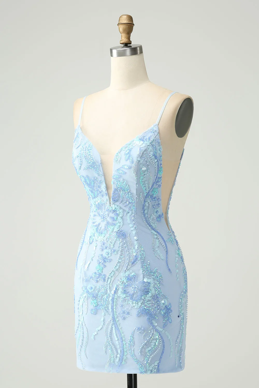 Light Blue Spaghetti Straps Tight Short Homecoming Dress with Sequins sold by Zapaka product image thumbnail 3