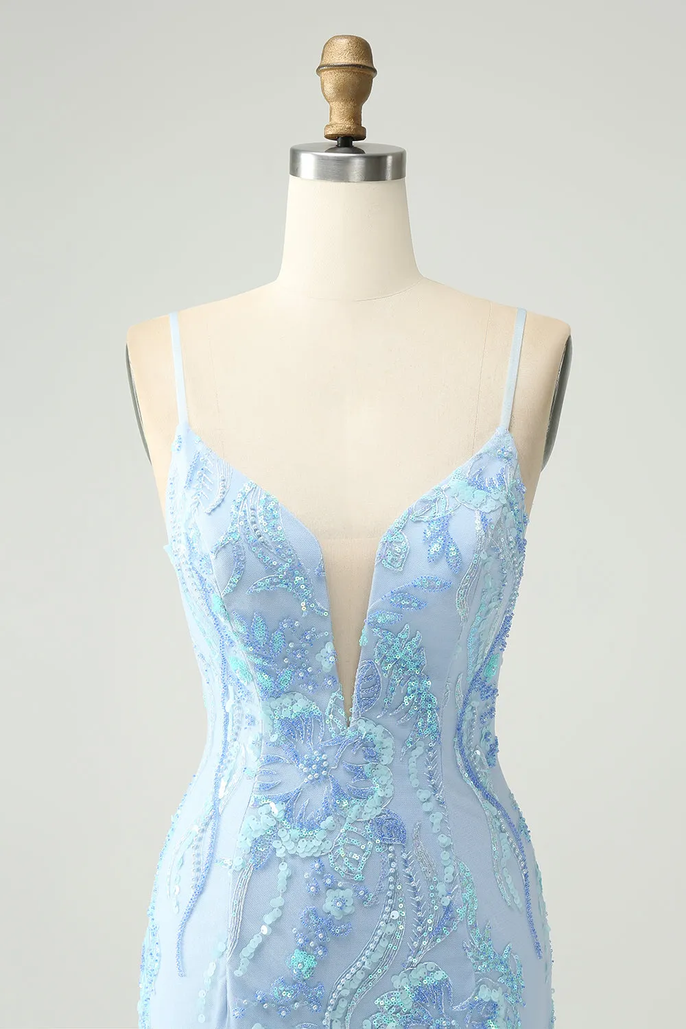 Light Blue Spaghetti Straps Tight Short Homecoming Dress with Sequins sold by Zapaka product image thumbnail 4