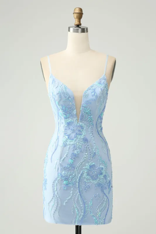 Light Blue Spaghetti Straps Tight Short Homecoming Dress with Sequins sold by Zapaka