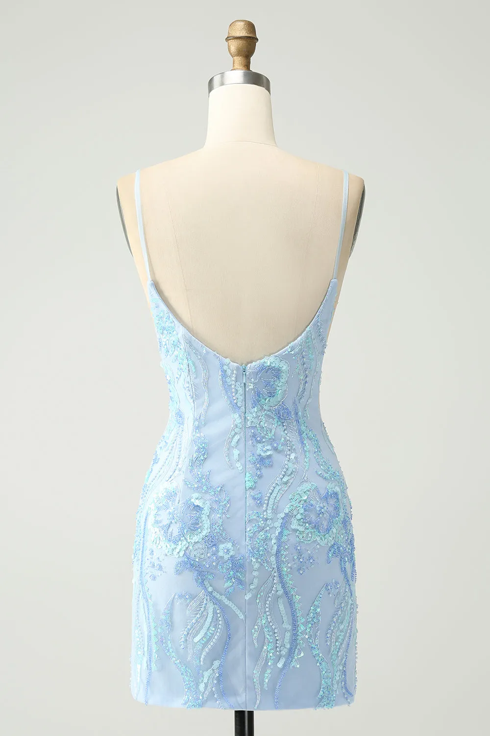 Light Blue Spaghetti Straps Tight Short Homecoming Dress with Sequins sold by Zapaka product image thumbnail 2