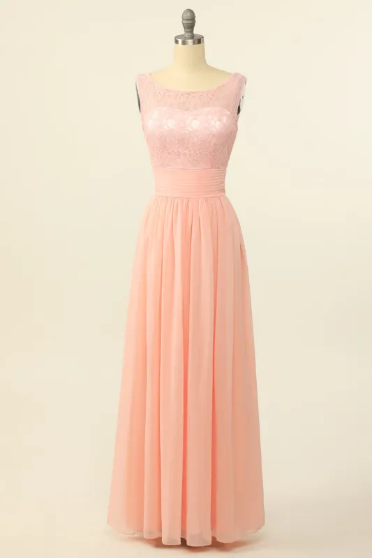 Blush Long Chiffon Lace Bridesmaid Dress sold by Zapaka