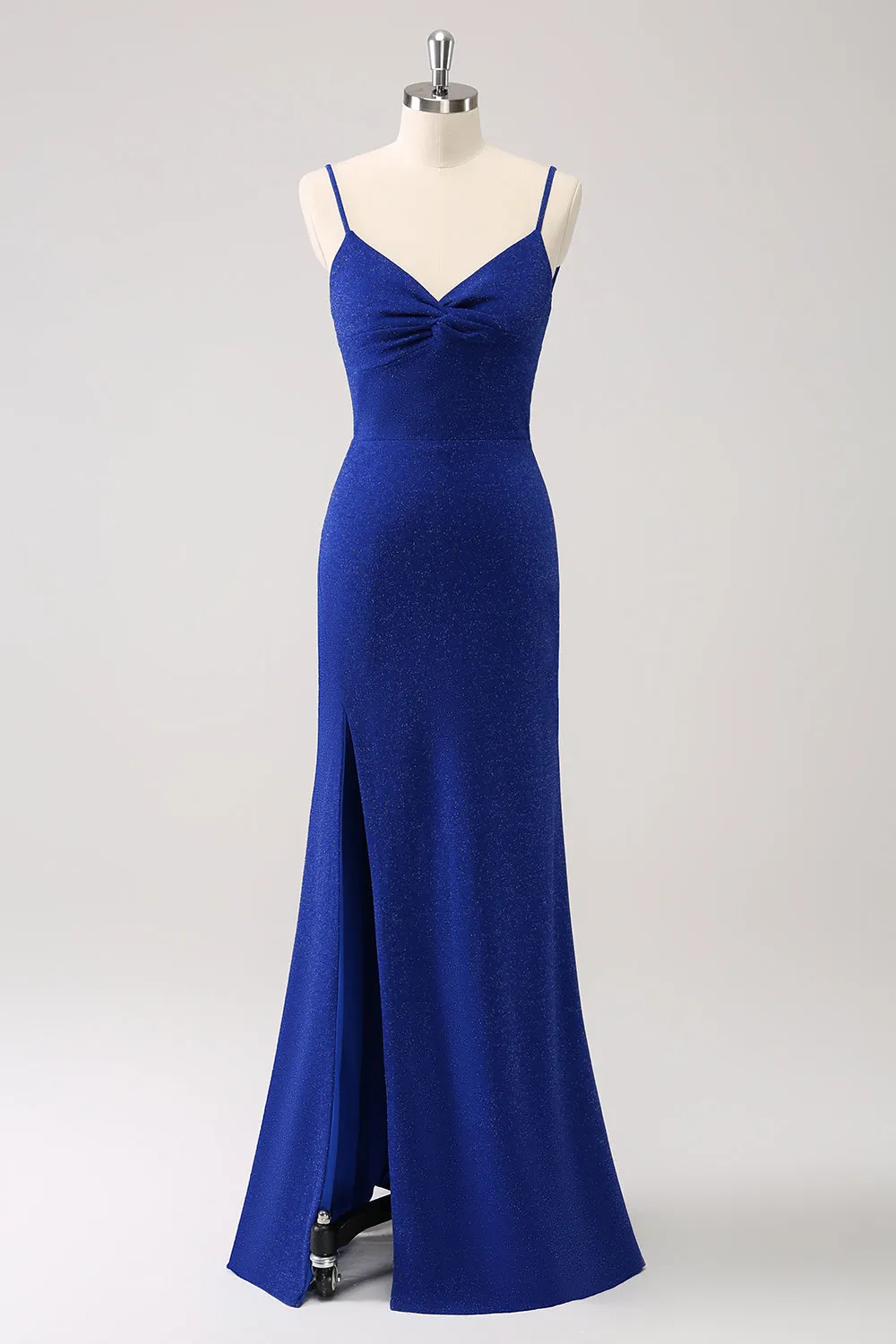 Dark Blue Sparkly Twist Front Mermaid Wedding Guest Dress with Slit sold by Zapaka