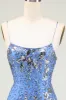 Sparkly Sheath Spaghetti Straps Grey Blue Sequins Short Homecoming Dress with Criss Cross Back sold by Zapaka