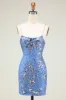 Sparkly Sheath Spaghetti Straps Grey Blue Sequins Short Homecoming Dress with Criss Cross Back sold by Zapaka