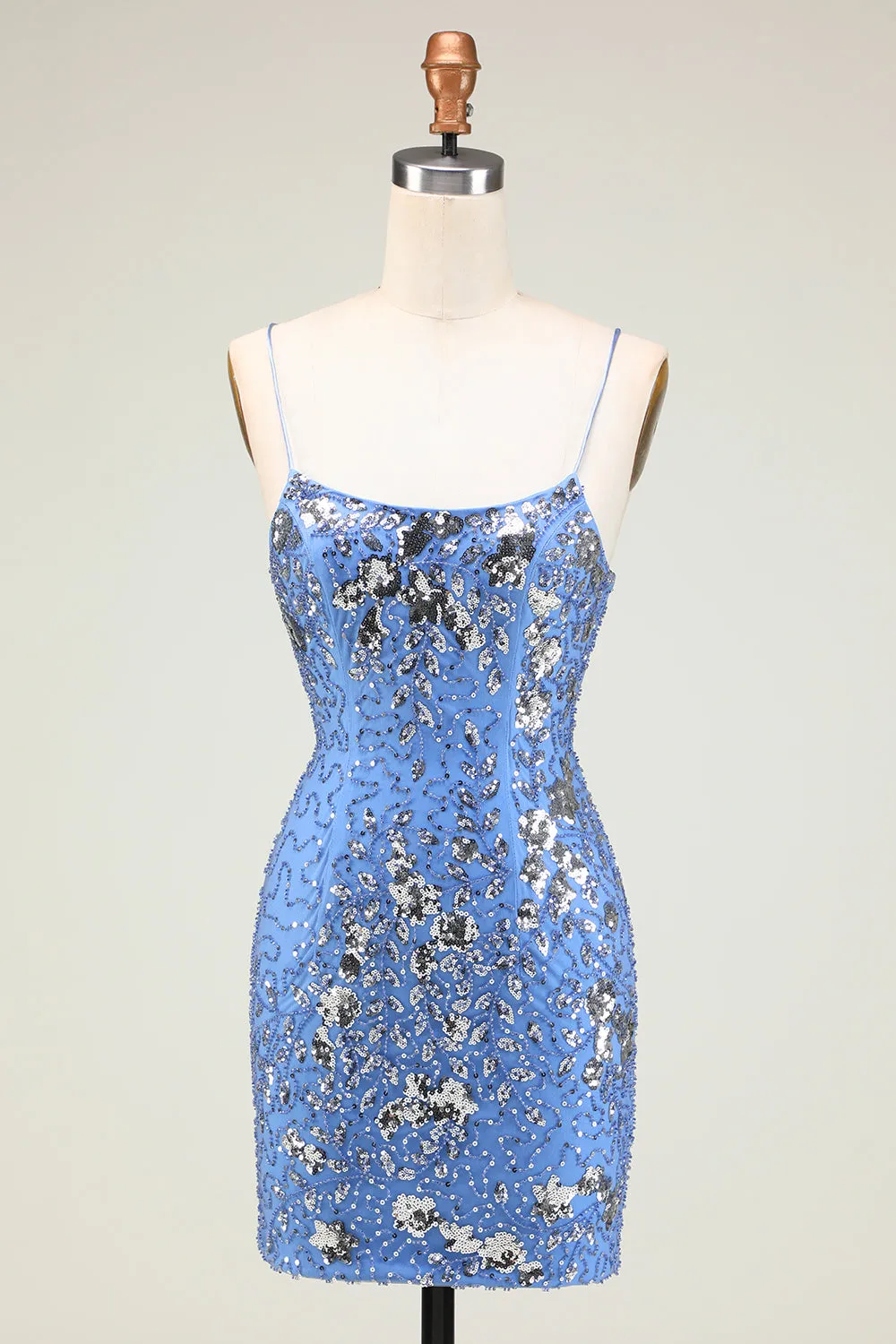 Sparkly Sheath Spaghetti Straps Grey Blue Sequins Short Homecoming Dress with Criss Cross Back sold by Zapaka