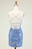Sparkly Sheath Spaghetti Straps Grey Blue Sequins Short Homecoming Dress with Criss Cross Back sold by Zapaka