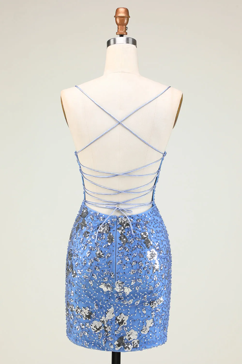 Sparkly Sheath Spaghetti Straps Grey Blue Sequins Short Homecoming Dress with Criss Cross Back sold by Zapaka product image thumbnail 2