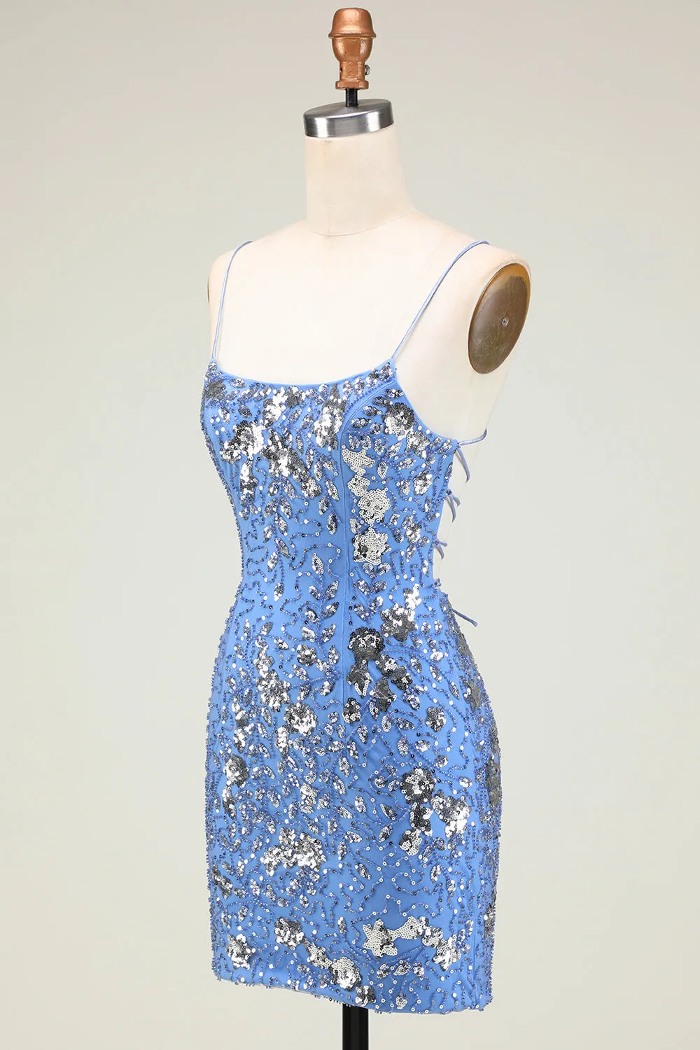 Sparkly Sheath Spaghetti Straps Grey Blue Sequins Short Homecoming Dress with Criss Cross Back sold by Zapaka product image thumbnail 3