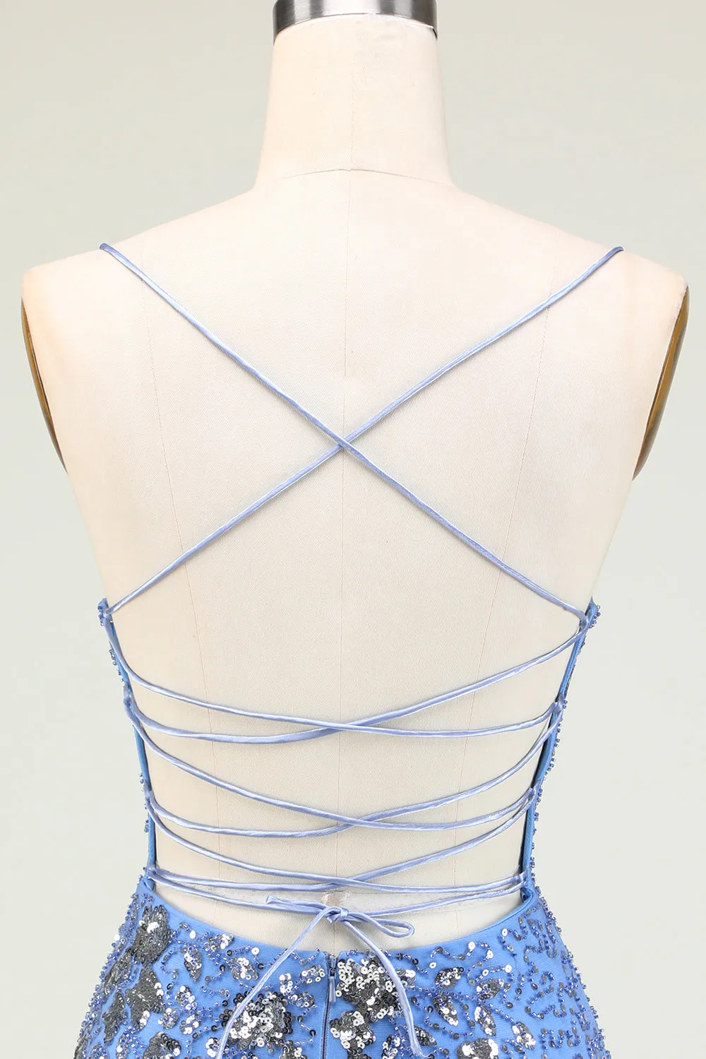 Sparkly Sheath Spaghetti Straps Grey Blue Sequins Short Homecoming Dress with Criss Cross Back sold by Zapaka product image thumbnail 5