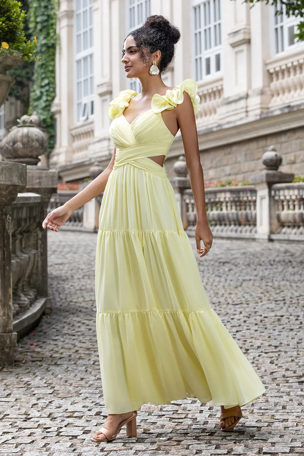 Simple Lemon Yellow A Line Pleated Wedding Party Guest Dress with Ruffles sold by Zapaka product image thumbnail 5