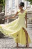 Simple Lemon Yellow A Line Pleated Wedding Party Guest Dress with Ruffles sold by Zapaka