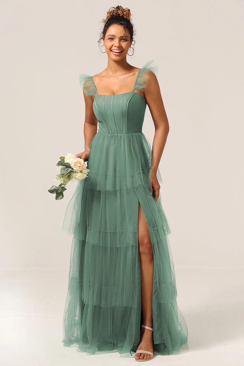 Detachable Straps A Line Eucalyptus Tiered Long Bridesmaid Dress sold by Zapaka