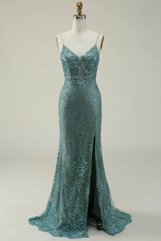 Mermaid Spaghetti Straps Green Long Prom Dress with Split Front sold by Zapaka