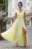 Simple Lemon Yellow A Line Pleated Wedding Party Guest Dress with Ruffles sold by Zapaka