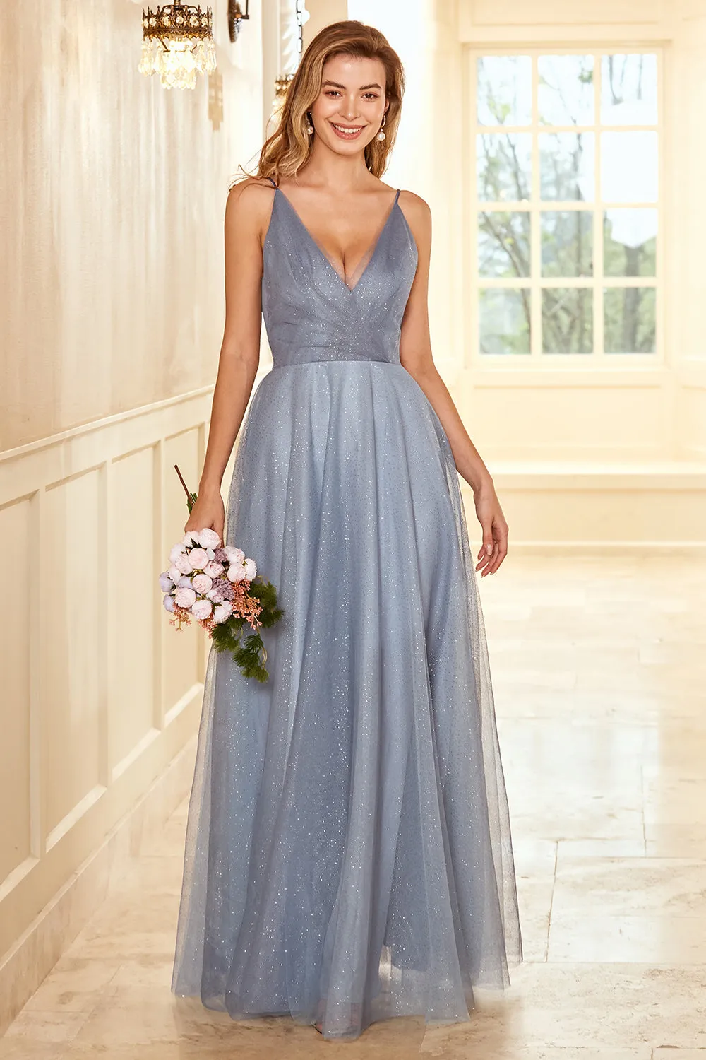 A Line Spaghetti Straps Grey Blue Long Bridesmaid Dress sold by Zapaka product image thumbnail 5