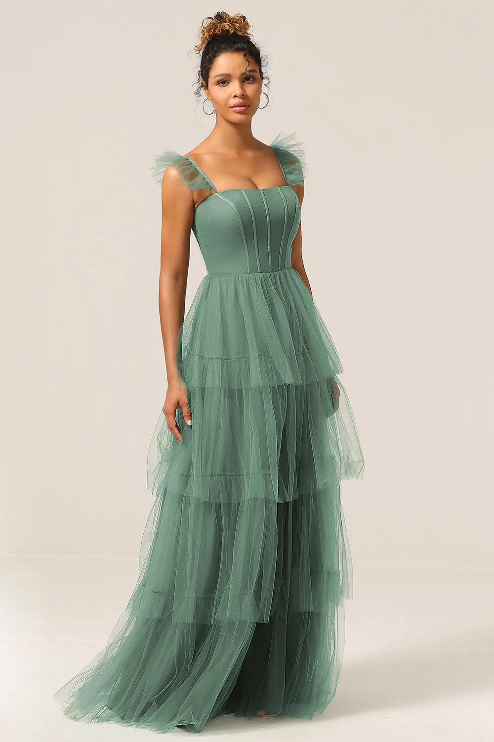 Detachable Straps A Line Eucalyptus Tiered Long Bridesmaid Dress sold by Zapaka product image thumbnail 5