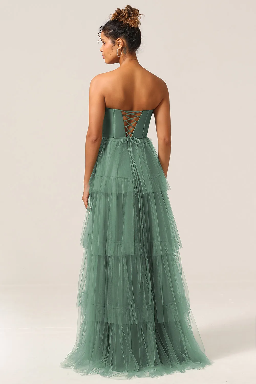 Detachable Straps A Line Eucalyptus Tiered Long Bridesmaid Dress sold by Zapaka product image thumbnail 2