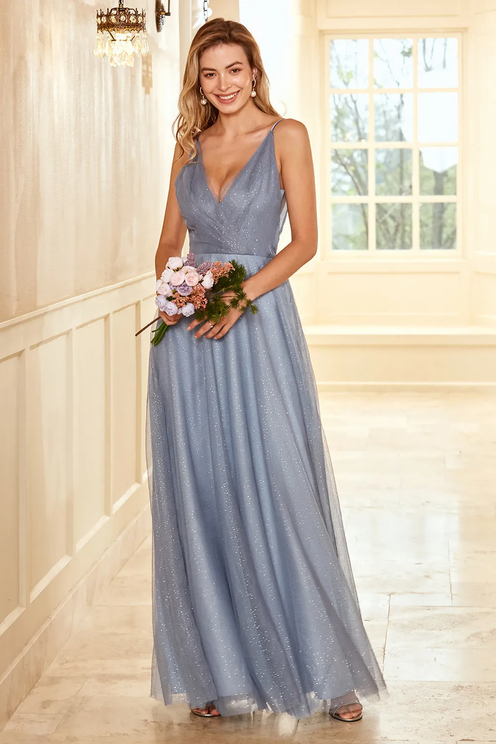 A Line Spaghetti Straps Grey Blue Long Bridesmaid Dress sold by Zapaka product image thumbnail 3