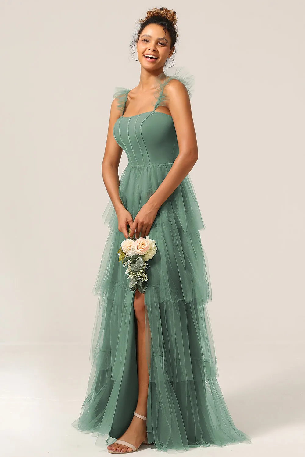 Detachable Straps A Line Eucalyptus Tiered Long Bridesmaid Dress sold by Zapaka product image thumbnail 3