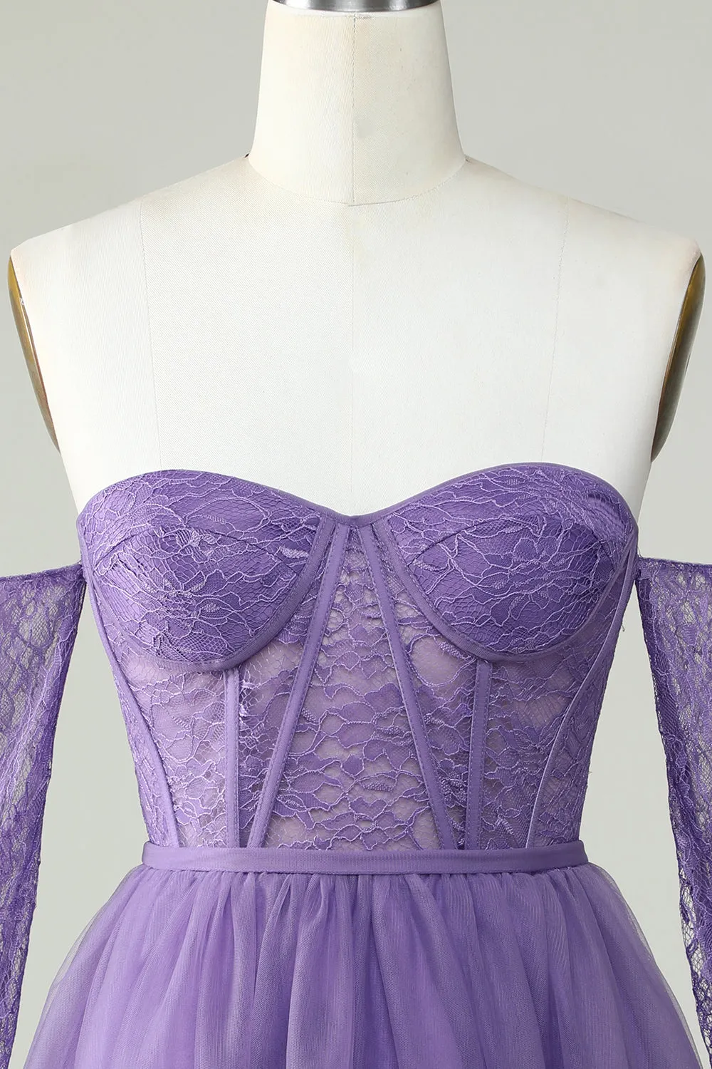 A Line Off the Shoulder Purple Corset Homecoming Dress with Long Sleeves sold by Zapaka product image thumbnail 4