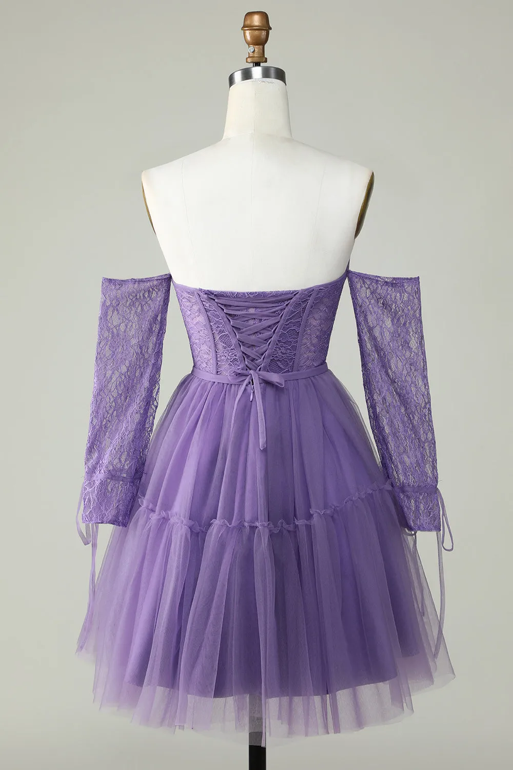 A Line Off the Shoulder Purple Corset Homecoming Dress with Long Sleeves sold by Zapaka product image thumbnail 2