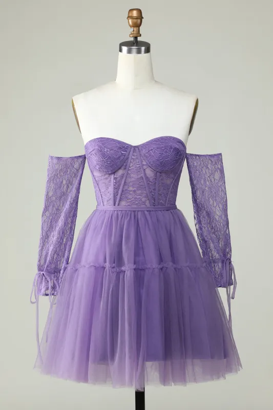 A Line Off the Shoulder Purple Corset Homecoming Dress with Long Sleeves sold by Zapaka