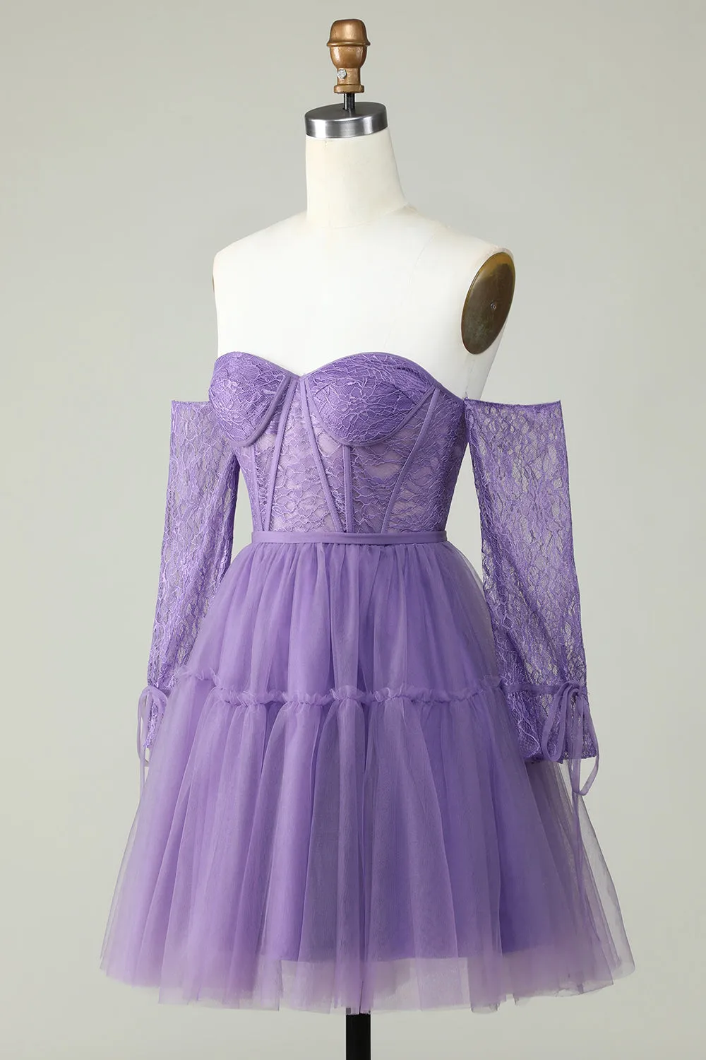 A Line Off the Shoulder Purple Corset Homecoming Dress with Long Sleeves sold by Zapaka product image thumbnail 3