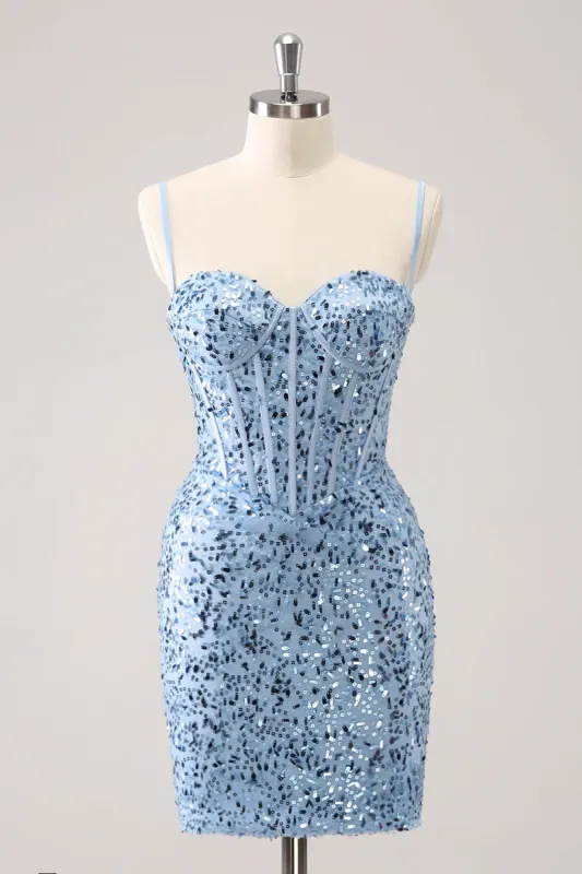 Sparkly Blue Tight Sequins Spaghetti Straps Homecoming Dress sold by Zapaka