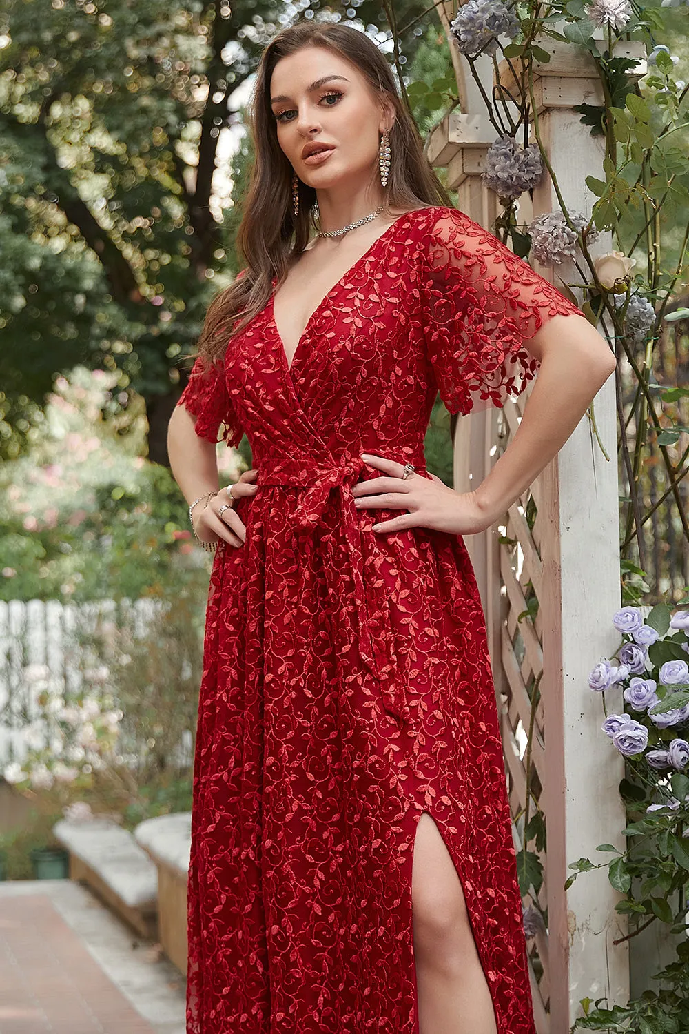 A Line V Neck Red Long Bridesmaid Dress with Embroidery sold by Zapaka product image thumbnail 4