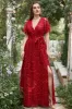 A Line V Neck Red Long Bridesmaid Dress with Embroidery sold by Zapaka